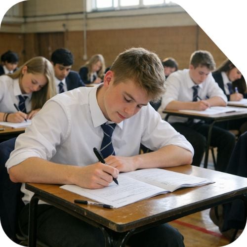 GCSE students in an exam hall, writing their papers (AI Generated)